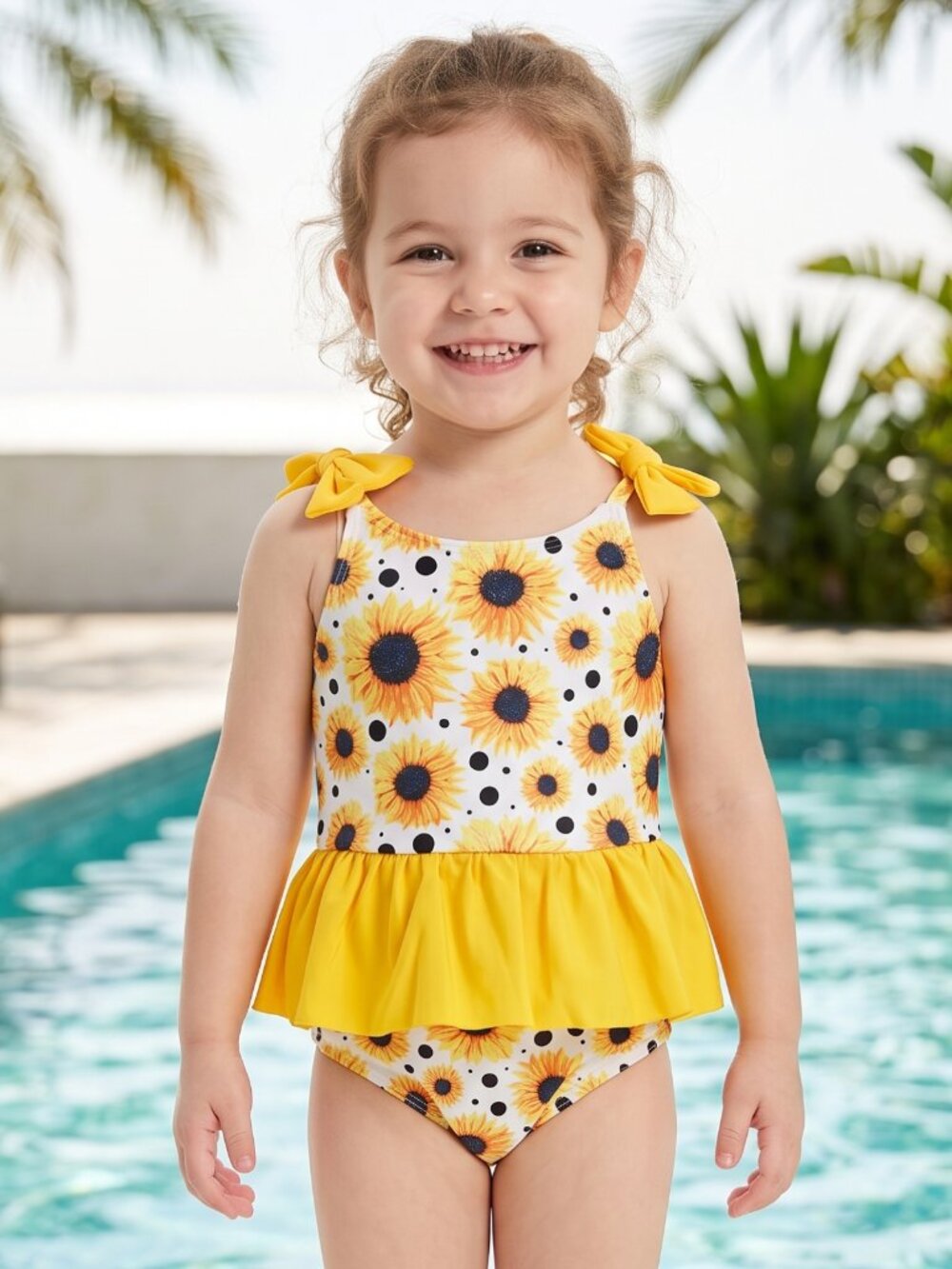 NWT | Sunflower Print Ruffle Peplum One Piece Baby Toddler Bathing Suit | Size 3